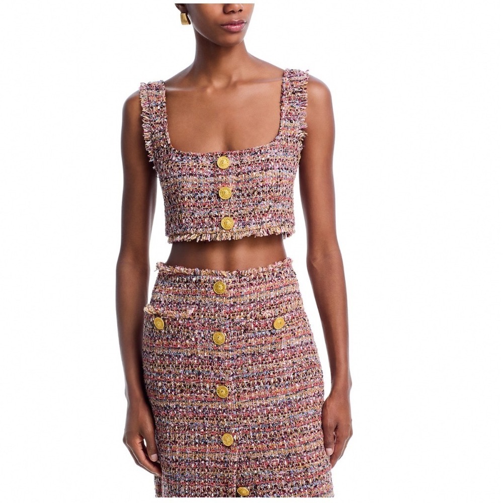 L'AGENCE Maylin Tweed Bralette Top Mauve Tan Multi Gold Buttonโ Crop Large NEW